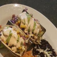 Fish Soft Taco (2) · Grilled Tilapia with mango salsa, guacamole, cheese, black beans and rice, cabbage slaw, top...