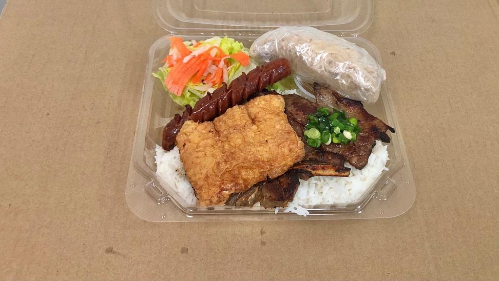 55. House Special Combo Rice Plate/ Cơm Đặc Biệt · Fried Shrimp Cake, Chinese Sausage, Pork Chop & Shredded Pork over Rice
 Cơm đặc biệt (tàu hủ ky, lạp xưởng, sườn, bì )