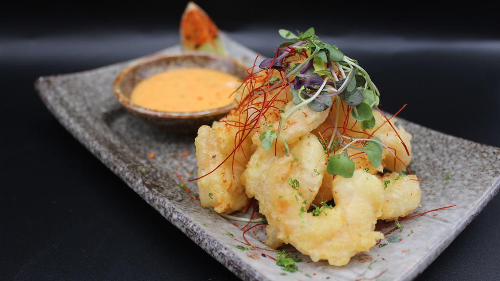 EBI TEMPURA · crispy tiger shrimp tempura with sweet chili aioli & lime