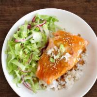Salmon Sweetness Bowl · Baked salmon with chef's sweet sauce-over rice.