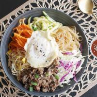 Korean Bibimbap  · Added : sweet potato glass noodle (jabche), egg, Bean sprout, Zucchini, Carrot , mix green a...