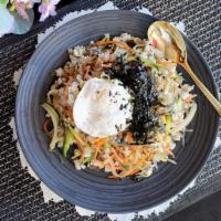 Pan fried bulgogi with rice 불고기 복음밥 · Added : sweet potato glass noodle (jabche), egg, Bean sprout, Zucchini, Carrot  rice