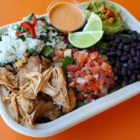 Baja Rotisserie Chicken Bowl · Rostisserie chicken, power greens tossed in a lime cumin vinaigrette, whole black beans, cil...