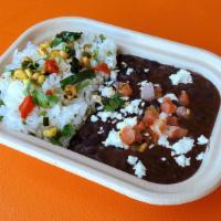 Cilantro Cumin Rice & Beans · Jasmine rice, cumin, cilantro and garnished with grilled corn salsa and fresh lime:  offered...