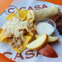 Kid's Bean and Cheese Burrito Plate · Oaxacan cheese and white beans rolled inside our housemade, non-GMO white corn tortilla.  Se...