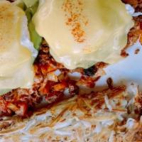 Chorizo Benedict · Two poached eggs, onions, jalapeños, chorizo, english muffin and avocado.