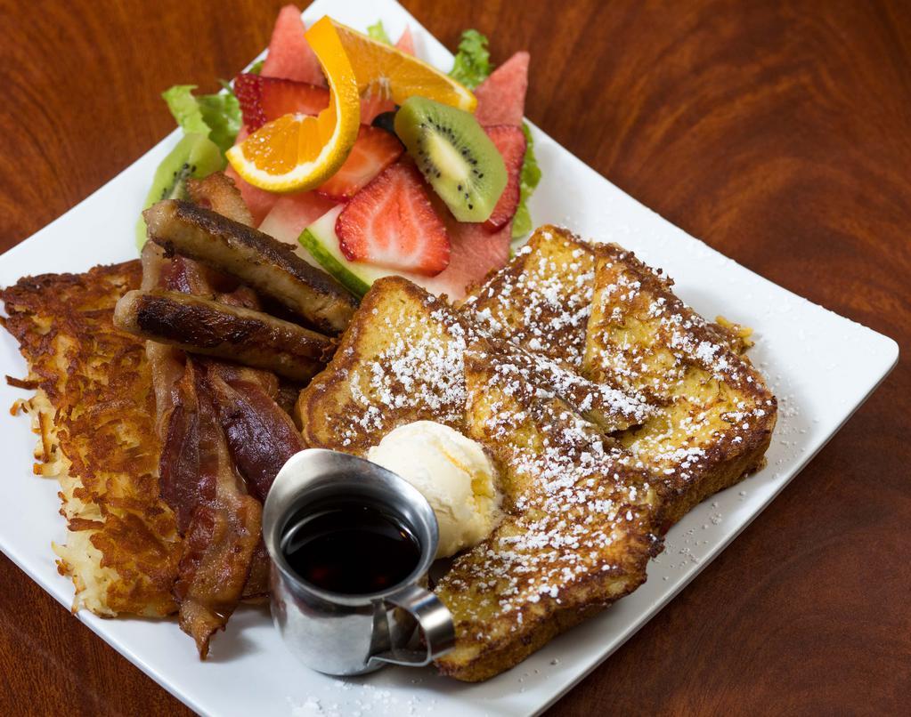 French Toast Combo · Two french toast, Bacon or Sausage, Choice of country potatoes or Hash browns
