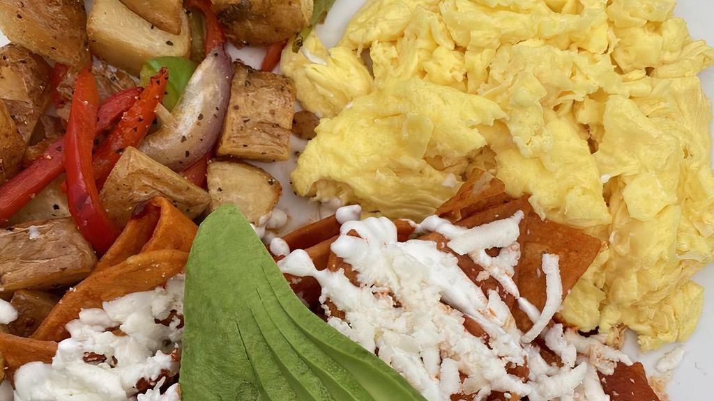 Chilaquiles · Crispy Corn Tortillas, Chorizo, Two eggs any Which Way, Red or Green Salsa, Queso Fresco, Avocado, Sour Cream, Country Potatoes or Hash Browns