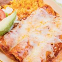 REGULAR ENCHILADAS · Three oven-baked rolled corn tortillas with choice of protein drenched in non-spicy red ench...