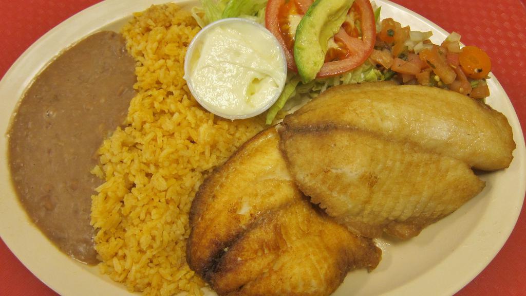  FILETE AL MOJO DE AJO · Fried fish filet served with Spanish rice, refried beans, and handmade corn tortillas.