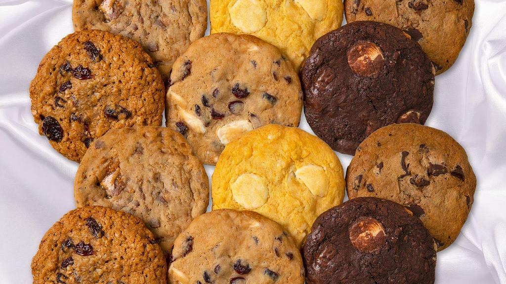 Try Them All Box · A variety of 12 freshly baked year-round gourmet cookies:. Chocolate Chunk, Triple Chocolate Chunk, Heath Bar, Lemon Cooler, Spiced Oatmeal Raisin
