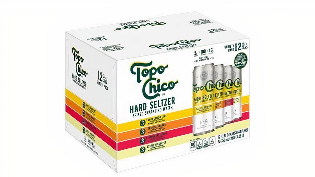 Topo Chico Hard Seltzer Variety Pack 12pk 12oz Can ABV 4.7% · Topo Chico Hard Seltzer is the only spiked sparkling water beverage inspired by the legendary taste of Topo Chico Mineral Water. This Topo Chico Hard Seltzer variety pack features four approachable flavors with a unique twist: (3) Strawberry Guava, (3) Tangy Lemon Lime, (3) Exotic Pineapple, and (3) Tropical Mango hard seltzers. With 4.7% ABV, Topo Chico Hard Seltzer combines unique flavors with added minerals for a smooth taste. Try this refreshing gluten-free alcohol drink with 2g of sugar and 100 calories per can. Serve ice-cold 12-ounce cans of Topo Chico Hard Seltzer to catch up with friends at home, on the beach, or around the pool.
