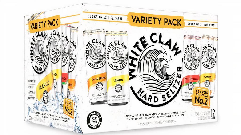 White Claw Variety Pack Flavor Collection No. 2 > 12pk 12oz Can ABV 5% · Mango, Lemon, Watermelon and Tangerine!              White Claw Hard Seltzer is the nation's leading hard seltzer known for pure, crisp refreshment. Crafted with quality ingredients, White Claw® Hard Seltzer is made from a blend of seltzer water, a gluten-free alcohol base, and a hint of fruit flavor. Each 12oz can has 100 calories, 5% alcohol and 2g of carbs. White Claw Variety Pack Flavor Collection No.3 comes in four refreshing flavors - Mango, Strawberry, Pineapple and Blackberry. To learn more, visit whiteclaw.com.