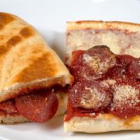 PEPPERONI SUB · Pepperoni, cheese and pizza sauce on toasted bread, sprinkled with parmesan cheese, SERVED W...