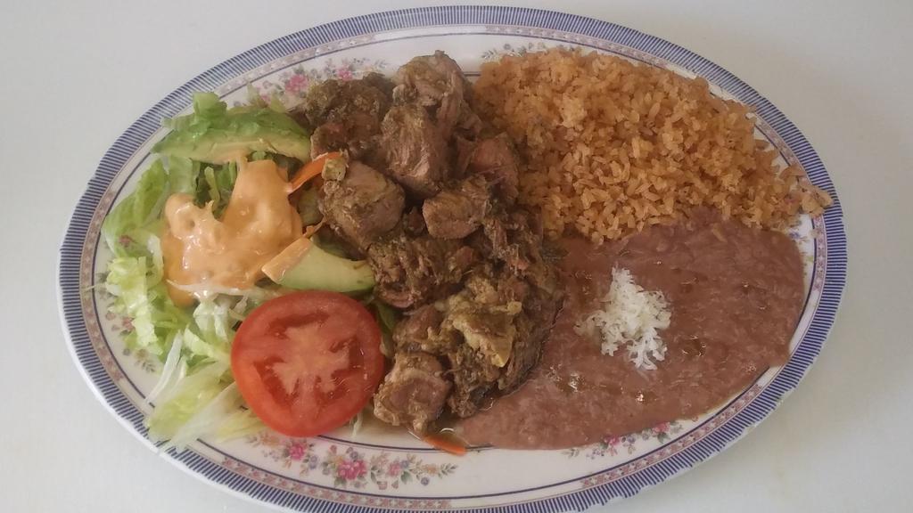 Chile Verde · Chunks tender cut pork sauteed in a green savoury sauce. Includes rice and beans.