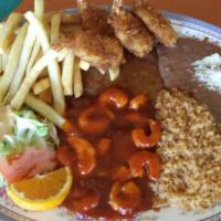 Trio de Mariscos · Incluye un filete de pescado empanizado, camarones empanizados y camarones al gusto (a la di...