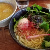 Chicken Tsukemen · Thick egg noodle with chicken meatball, kaiware, and egg rich chicken paitan dipping broth o...