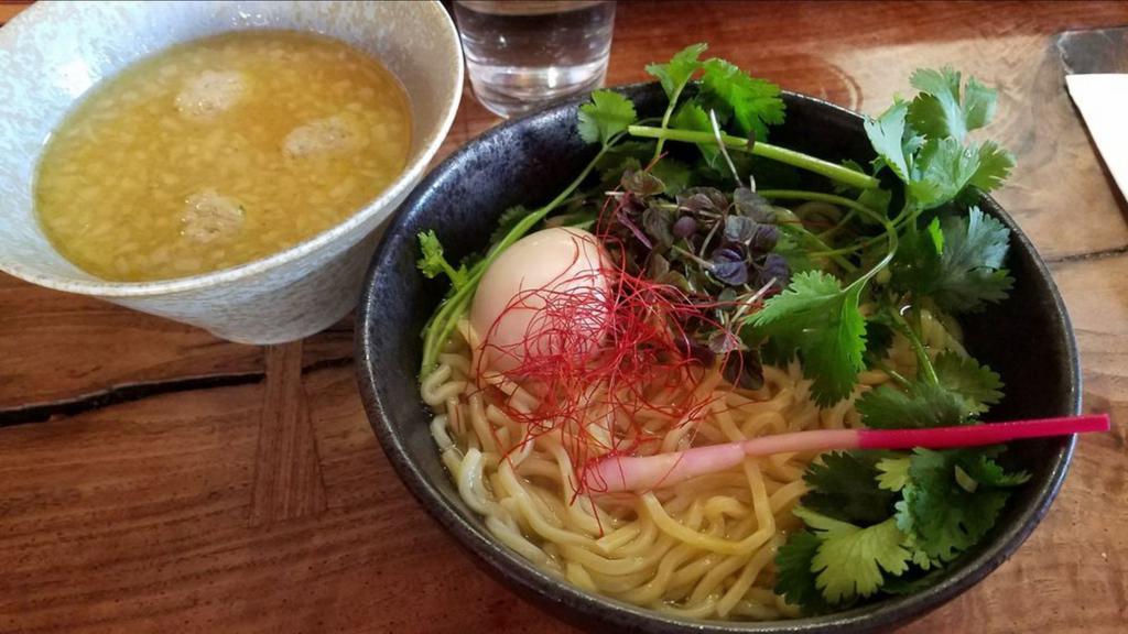 Chicken Tsukemen · Thick egg noodle with chicken meatball, kaiware, and egg rich chicken paitan dipping broth on the side.