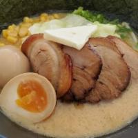 Miso Tonkotsu · Rich and creamy miso-flavored original tonkotsu pork broth, topped with bean sprouts, scalli...