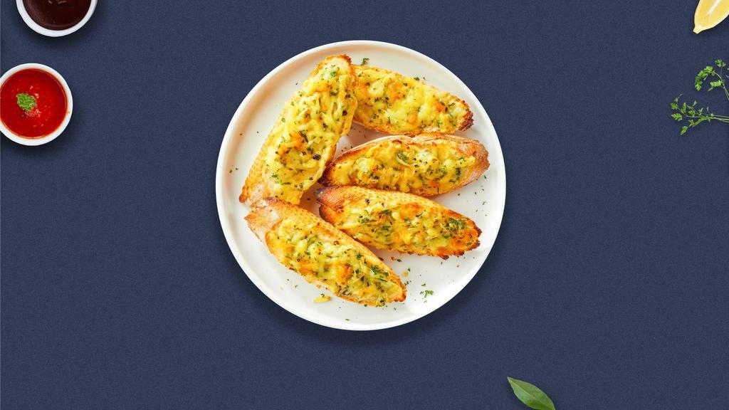 Cheesy Garlic Bread Syndrome · Toasted bread, butter, garlic, mozzarella cheese, and parsley.