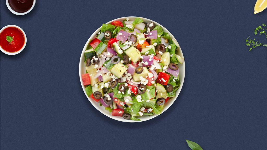 Greek Geek Salad · Romaine lettuce, red onions, cucumbers, tomatoes, and feta cheese. kalamata olives, artichokes, and Italian vinaigrette dressing.