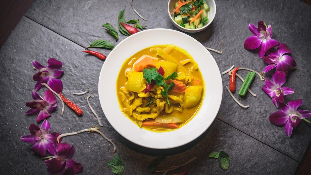 Yellow Curry · Choice of meat in yellow curry with coconut milk, onion, carrot, and potato