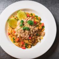 Crab Fried Rice · Claw crab meat, sauteed with egg, tomatoes, onions, and scallion