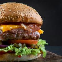 BB's Bacon Cheeseburger · Two beef patties with cheese on a bun loaded with bacon strips, lettuce, pickle, tomato, ket...