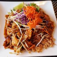 Pad Thai Noodles · Squeeze the lime! Pan-fried thin rice noodle, carrot, bean sprout, leek, lime and crushed pe...