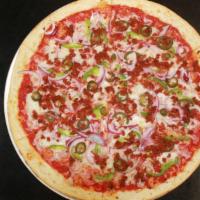 Papidero · Grande Whole Milk Mozzarella, Soy Chorizo, Green Bell Peppers, Red Onions, and Jalapenos.
