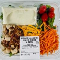 Grilled Chicken Salad 18 oz. · Romaine Salad with Grilled White Chicken Meat, Cheddar Cheese, Tomatoes, Carrots and Bacon w...