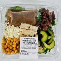 Super Greek Salad 12.75 oz. · Spinach and Kale Salad with Grilled White Chicken Meat, Garbanzo Beans, Cucumber, Feta Chees...