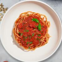 Tomato Tomata Spaghetti · (Vegetarian) Fresh spaghetti cooked in a tomato sauce made with san marzano tomatoes, extra ...