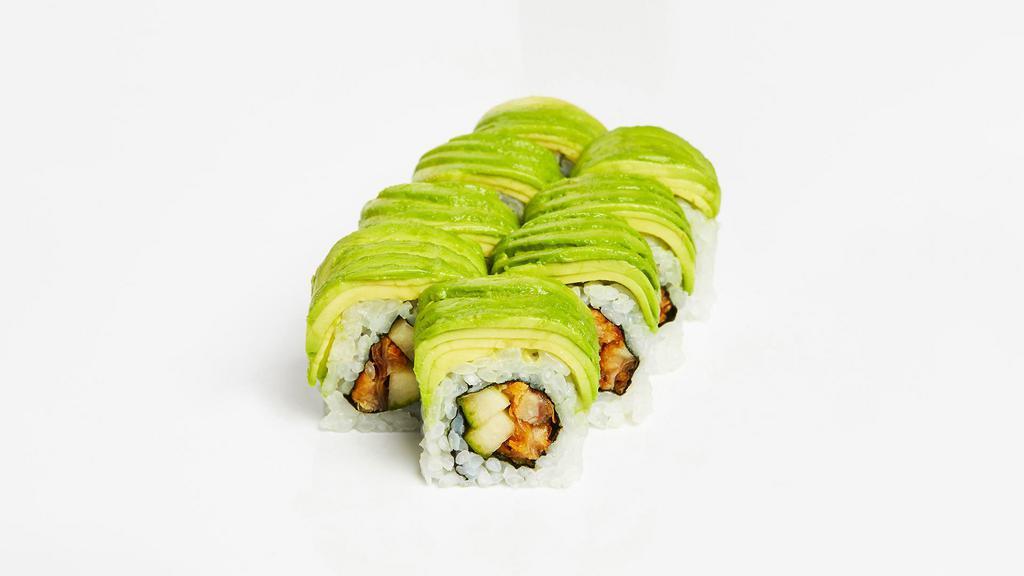 Caterpillar Roll · Eel and cucumber with sushi rice wrapped in nori and topped with avocado and eel sauce.