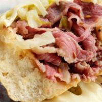 Hot Pastrami · Swiss Cheese, Russian Dressing, Spicy Beer Mustard and our Sauerkraut on a Hero Roll.