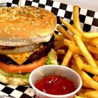 Cheese Burger · American cheese, onion, lettuce, and tomato.