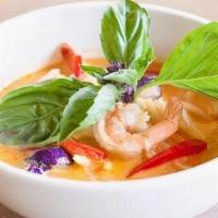 Red Curry · Medium spicy red curry with bamboo shoot, bell pepper, carrot and basil