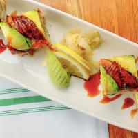 Caterpillar Roll · Tempura prawn and tobiko roll topped with eel and avocado