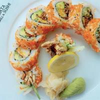 Robata Roll · Crispy soft shell crab, avocado and cucumber roll with tobiko outside