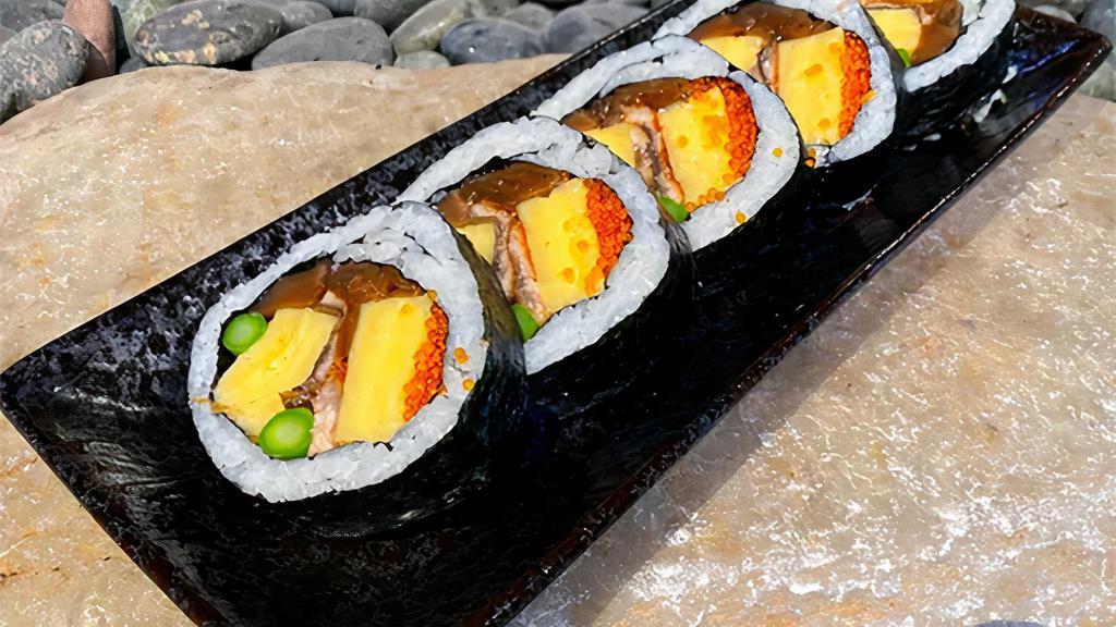 Futomaki · Large 5 piece roll with tamago, kanpyo, tobiko, asparagus and a choice of surimi, shrimp or eel