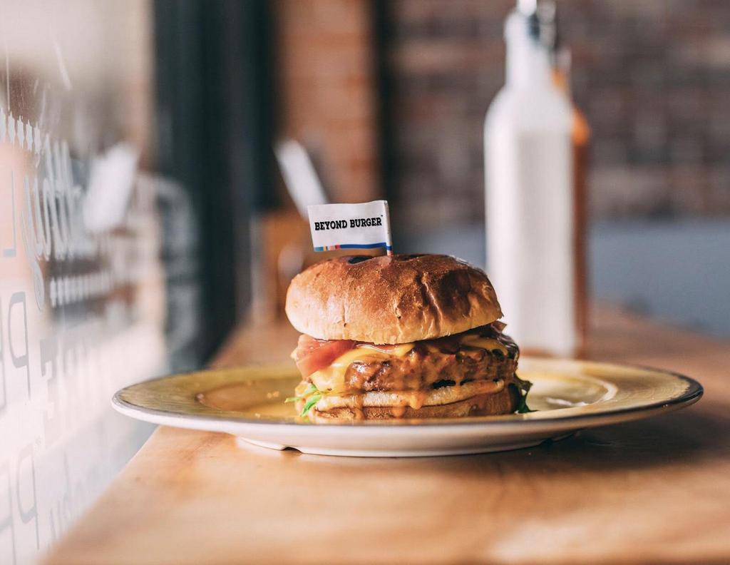 Beyond ® Burger · Non-GMO vegan plant-based burger on a ciabatta bun with lettuce, tomato and PeriMayo.