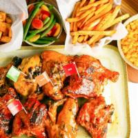Party Platter · Great for 4-6 people. Includes two whole chickens (8 pieces) with your choice of four large ...