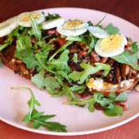 Open Faced Egg Sandwich · Ricotta, mixed mushrooms, arugula, bacon, hard boiled egg on semifreddi’s miche.