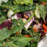 Detox Salad · Kale, carrots, beets, pumpkin seeds, avocado, cucumber, ginger vinaigrette dressing.