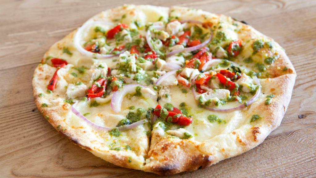 Halal Chicken Pesto Pizza · Halal chicken breast, pesto sauce, mushrooms, onions, peppers, and olives, and tomatoes.