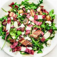 WILD BABY ARUGULA SALAD · with treviso, applewood smoked bacon, scarlet royal grapes, goat cheese, pine nuts, served w...