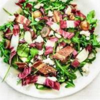 GLUTEN FREE WILD BABY ARUGULA SALAD · with treviso, applewood smoked bacon, scarlet royal grapes, goat cheese, pine nuts, served w...