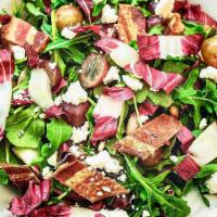 WILD BABY ARUGULA SALAD · with treviso, applewood smoked bacon, scarlet royal grapes, goat cheese, pine nuts, served w...