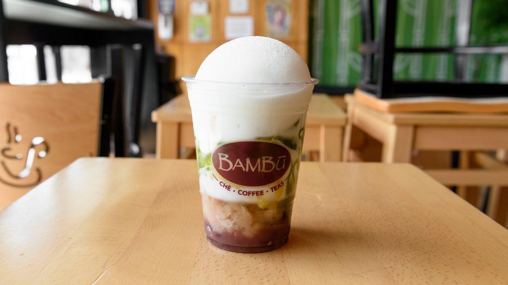2. Bambu Combo-100% sugar only (Che Thap Cam) · Red, white mung bean; taro, pearl, pandan jelly and combo jelly, coconut milk. 590 cal.