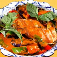 Salmon & Seafood · Choice of curry base. Salmon, prawns, squid, mussels, eggplant, bell peppers, basil.